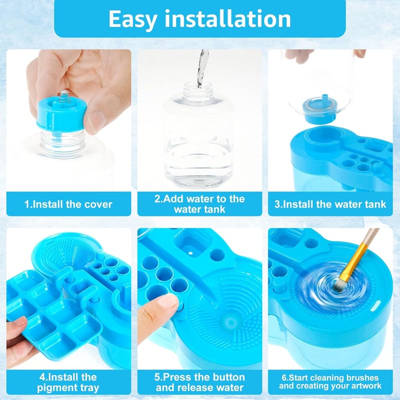 KarHoeGern Paint Brush Cleaner for Kids Water Circulation Paint Brush with Drain Paint Water Dispenser with Palette Brush Holder Paint Brush Washer for Acrylic Painting Watercolor Art Supplies(blue) - Image 4